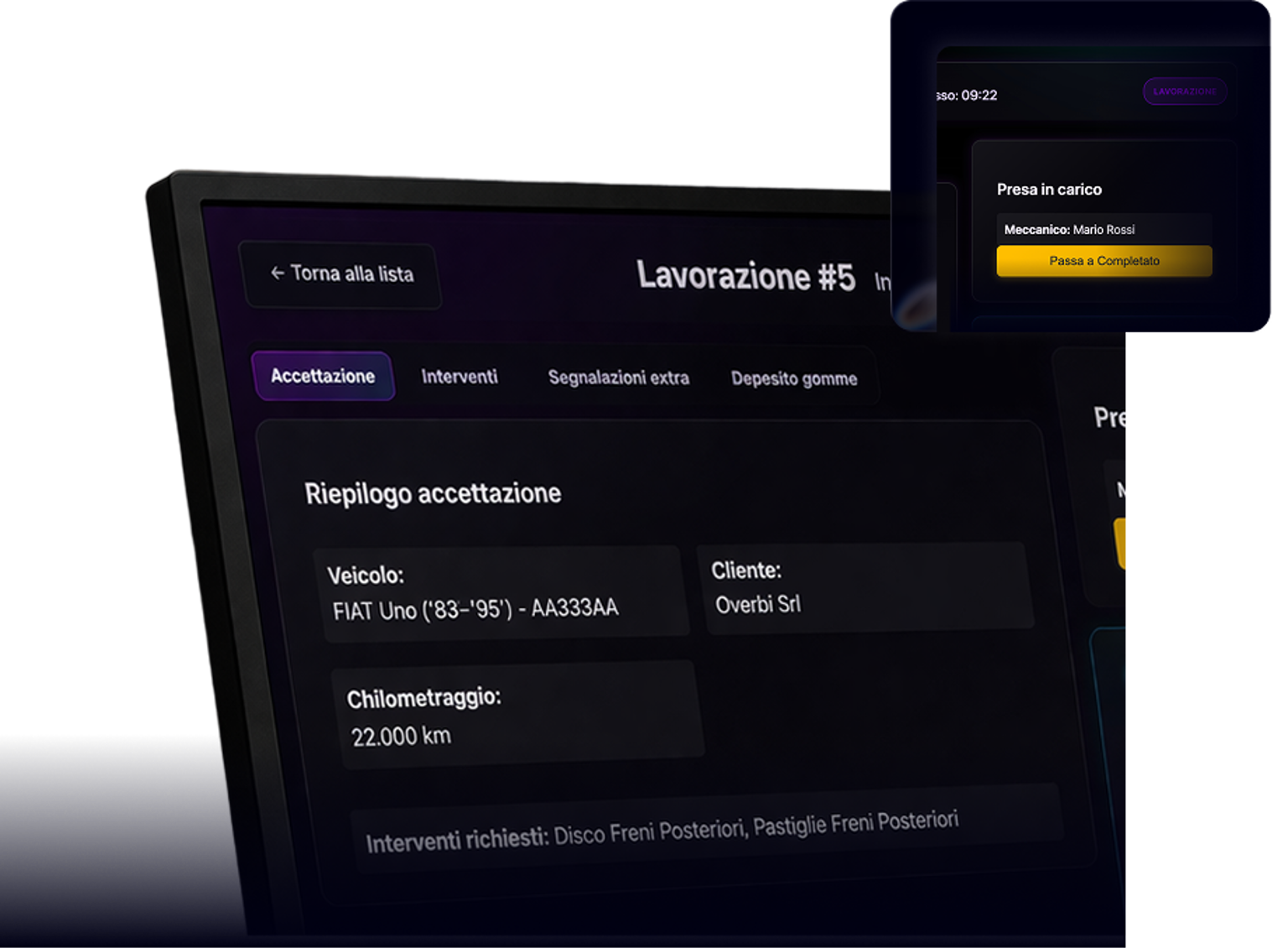 Pannello Ariaa con dettaglio commessa: riepilogo accettazione con dati veicolo, cliente e chilometraggio, e notifica di presa in carico al meccanico